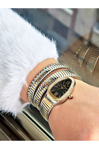 Raymond Gold Silver Color Steel Case Cord Snake Model Stone Business Women Wristwatch + Bracelet