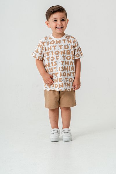 Titimixkids Boy's Letter Printed T-Shirt Shorts Bottom Top Summer Double Set Light Coffee