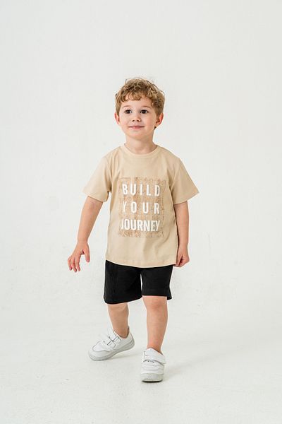 Titimixkids Boys Embossed Printed Bottom Top Summer T-Shirt Shorts Two Piece Set Beige