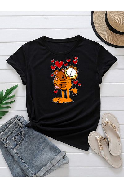 makiteks Μπλουζάκι Garfield με στάμπα με λαιμόκοψη - Γυναικεία-Unisex Λευκό-Μαύρο-Γκρι