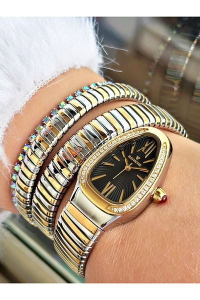 Raymond Gold Silver Color Steel Case Cord Snake Model Stone Business Women Wristwatch + Bracelet