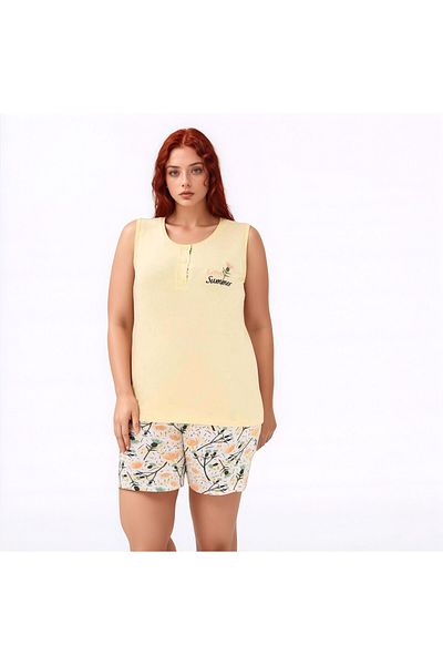 BAHHAR Women's Yellow Flowery Sleeveless Crewneck Shorts Suit with Pocketless Viscosa Shorts