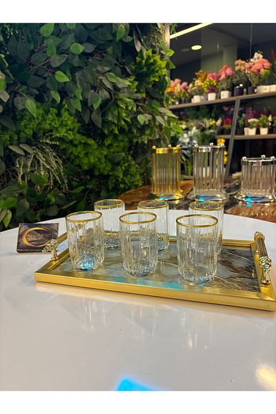 Paşabahçe Ars Pasabahce Gold Gilded Coffee Side Presentation Cup,6 People Soft Drink-Soda-Water Cup, Presentation Cup