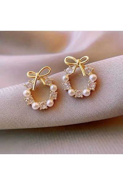 HDCreativeDesign 1 Pair Elegant Faux Pearl Bowknot Stud Steel Earrings