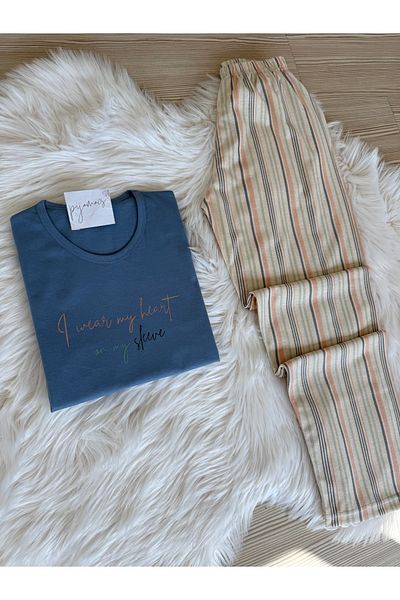 Pijamacs Set de pijamale tricotate cu mâneci scurte din bumbac cu dungi albastre