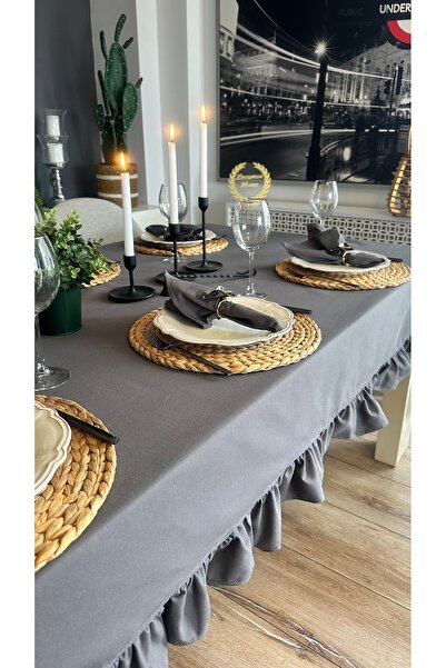 Decamor home Cotton Linen Stain-Resistant Smoked Gray Ruffled Tablecloth (Napkin Not Included)