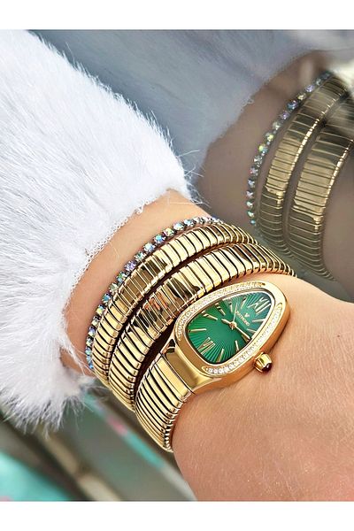 Raymond Gold Color Steel Case Cord Snake Model Stone Business Women's Wristwatch + Bracelet