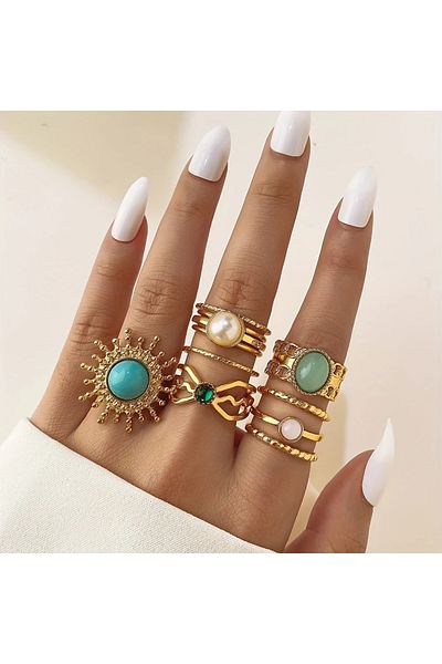Takıtolia Gold Blue Green Stone Princess Sun Flower Vintage Set 11 Pieces Gold Rings