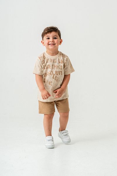 Titimixkids Boy Letter Bottom Top Summer T-Shirt Shorts Two Piece Set Beige