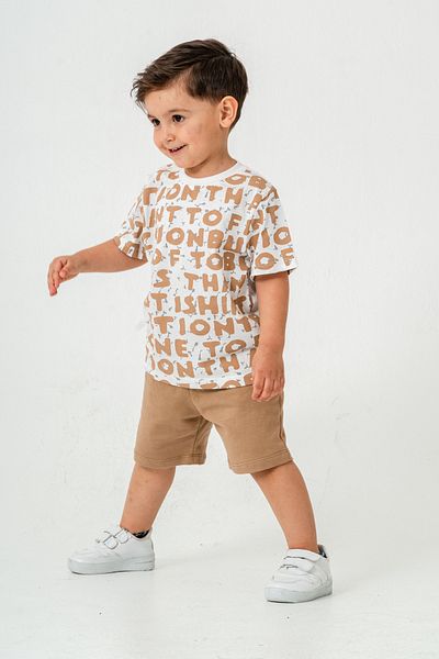 Titimixkids Boy's Letter Printed T-Shirt Shorts Bottom Top Summer Double Set Light Coffee