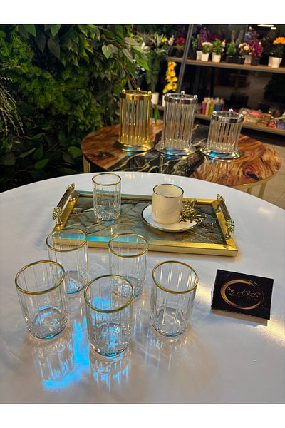 Paşabahçe Ars Pasabahce Gold Gilded Coffee Side Presentation Cup,6 People Soft Drink-Soda-Water Cup, Presentation Cup