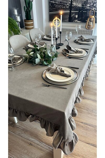Decamor home Velvet Textured Vintage Ruffled Gray Tablecloth, Stain-Free and Easy to Clean (Napkin Not Included)