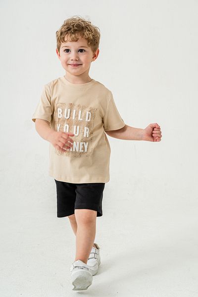 Titimixkids Boys Embossed Printed Bottom Top Summer T-Shirt Shorts Two Piece Set Beige