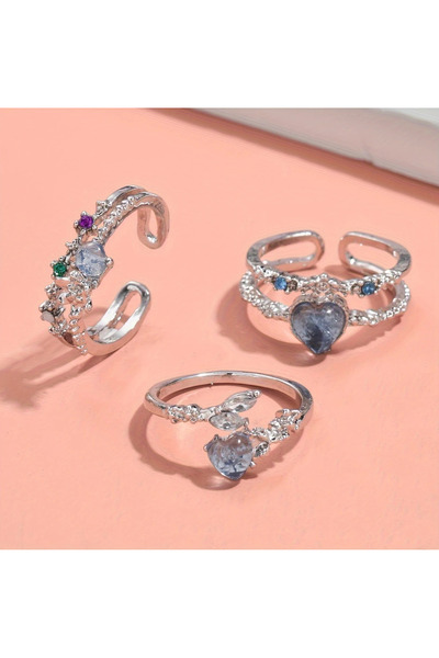 Takıtolia Luna 3 Adet Gümüş Aytaşı Romantik Zirkon Taşlı Parlak Ayarlanabilir Tasarım Çoklu Silver Yüzük Seti