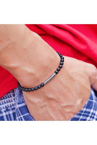 Choice سوار جديد من حجر لافا 4 مم للرجال مصنوع من صخور بركانية طبيعية وعين ال...