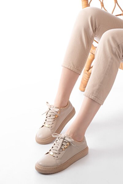 Mida Shoes P-910 Bej Bağcıklı Taban Dikişli Günlük Kadın Spor Ayakkabı