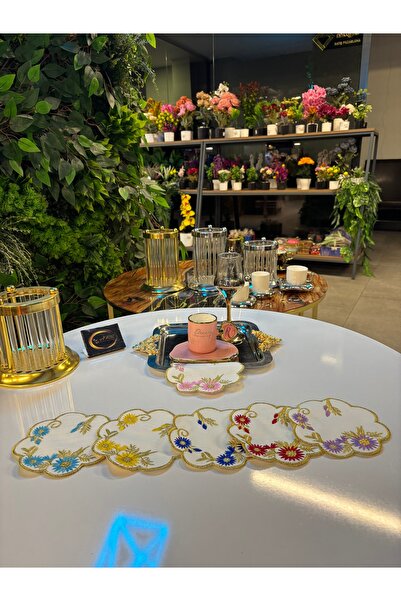 ARS HOME DEKOR Cocktail Napkin, Gold Framed Multicolored Oval Cut Coffee Tray Napkin Holder, 6-Piece Presentation Napkin