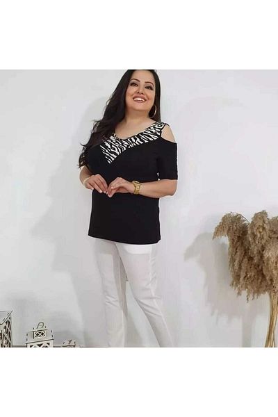 BİrHoşButik   Large Size Imported Viscose Fabric Lycra Life Outdoor V Ya Moxibustion Summer Trend Short Sleeve Sweat