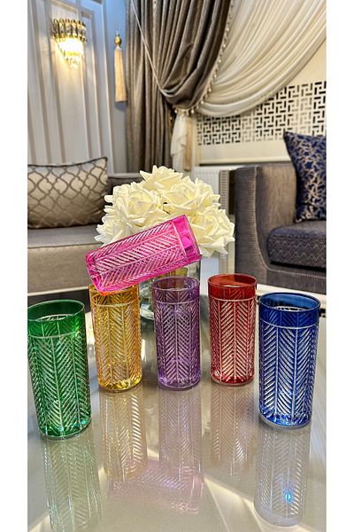 Vakıf home 6 Pieces Colorful Cutting Handcrafted Ahenk Model Soft Drink Coffee Side Water Glass