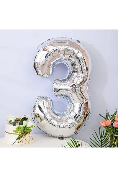Teo Balon din Folie , Cifra 3, 81 cm, Pentru Aer sau Heliu, Bulk, Argintiu