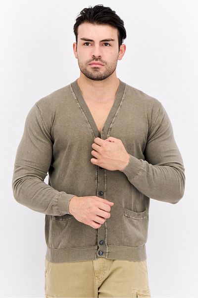 GAS Men V Neck Textured Cardigan, Ivy Green Washed