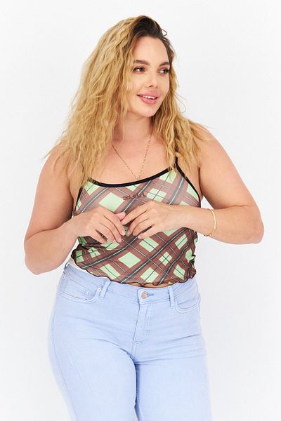X-Girl Women Scoop Neck Diamond Plaid Tank Top, Green Combo
