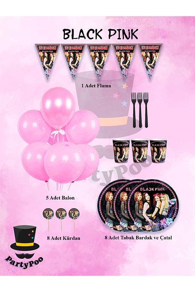 PartyPoo Blackpink Themed Mini 8-Person Birthday Party Set |   Party Supplies and Decoration