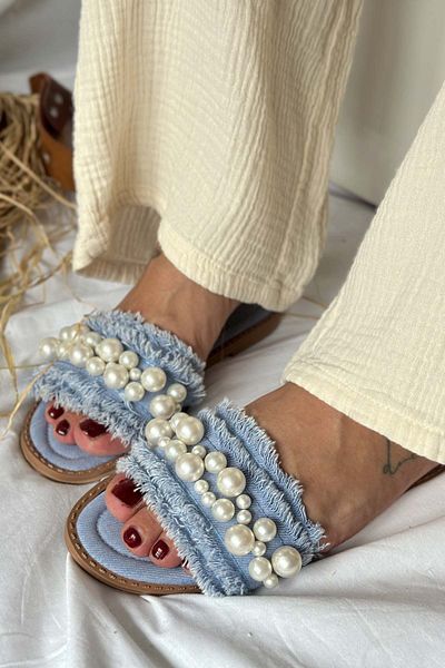 Shoebutik Papuci de damă Mila Blue Denim Pearl Detail