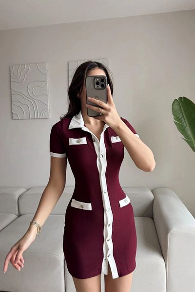 MOZENA Garnili Ottoman Fabric Shirt Collar Mini Dress