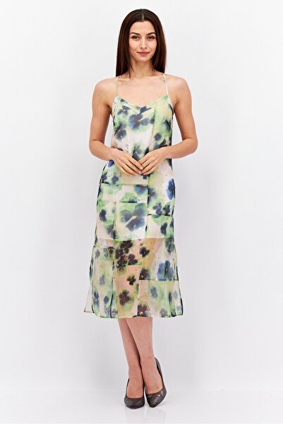 Esprit فستان نسائي متوسط الطول بطبعة تجريدية، لون أخضر