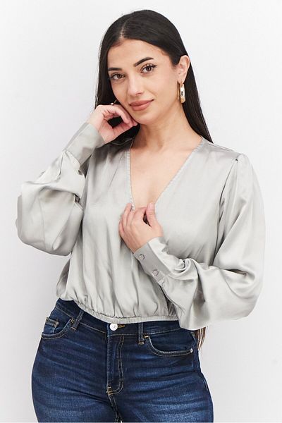 NA-KD Women Surplice Neck Long Sleeve Plain Blouse, Grey