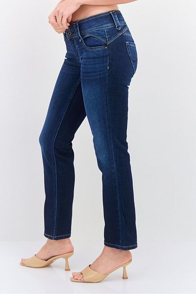 Pepe Jeans Women Straight Fit Washed Stretchable Jeans, Navy Blue