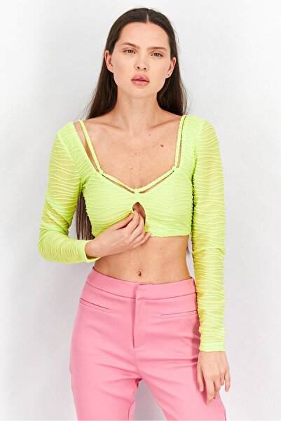 NA-KD ART Women Sweetheart Neckline Long Sleeve Textured Top, Lime