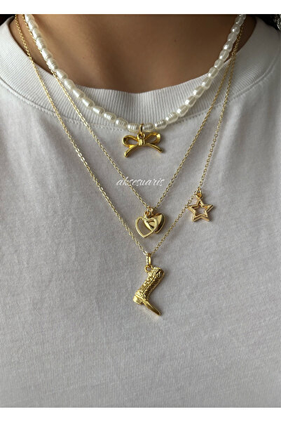 aksesuaris 3'lü İnci Kurdele Charm Gold Kolye Set