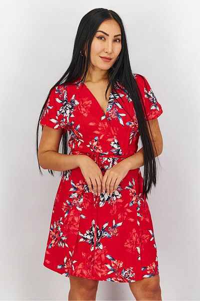 French Connection Women Surplice Neckline Short Sleeve Floral Printed Mini Dress, Red