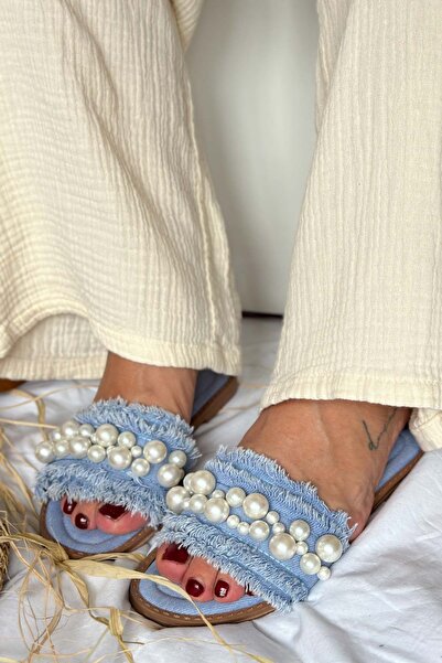 Shoebutik Papuci de damă Mila Blue Denim Pearl Detail