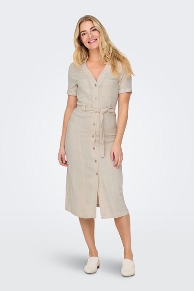 ONLY Μόνο Onlsiesta Linen Mixed Regular Fit V-λαιμόκοψη Midi φόρεμα με τσέπες 15347210