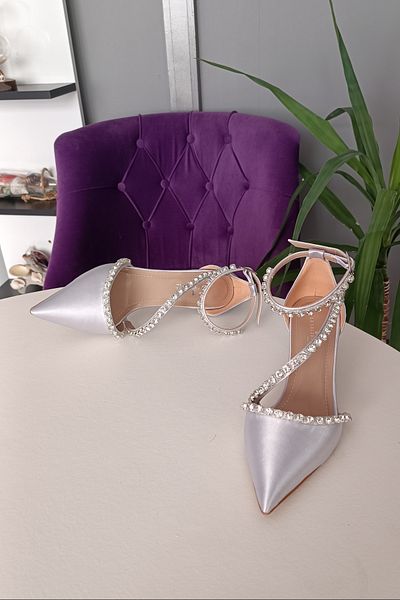 LA CALZATURE Silver Satin 6 cm Heeled Three Rows of Stones Ankle Belt Evening Dress Women's Shoes