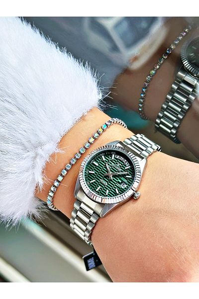 Raymond Silver Color Classic Model Steel Case Cord Women Wristwatch + Bracelet