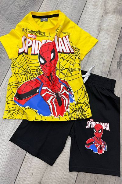 SPIDERMAN Yellow Print T-Shirt and Black Shorts - Summer Kids Set