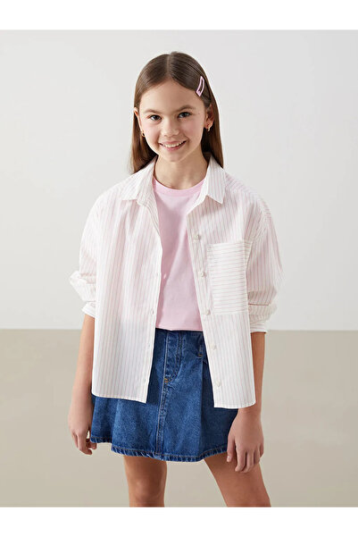 LC Waikiki LCW Kids Pembe Çizgili Kız Çocuk Crop Gömlek