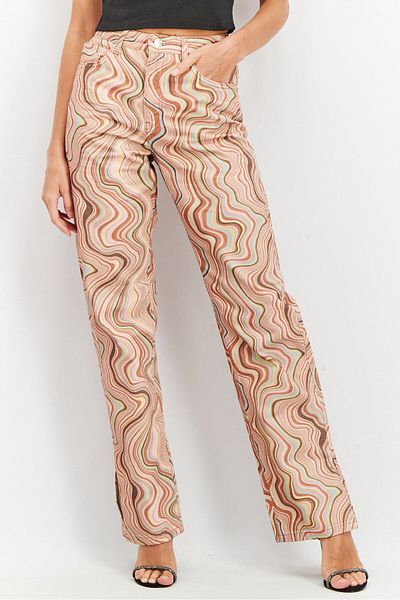 NA-KD Women Straight Fit Side Slit Allover Print Non Stretchable Jeans, Beige Combo