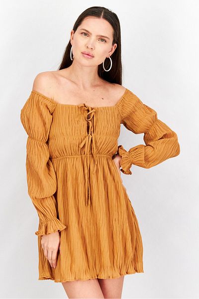 NA-KD Women Off Shoulder Marie Sleeve Textured Mini Dress, Tan