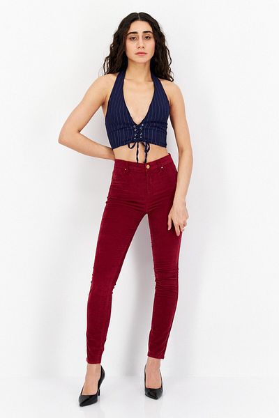 Blank NYC Women Skinny Fit High Waist Ribbed Stretchable Denim Jeans, Maroon