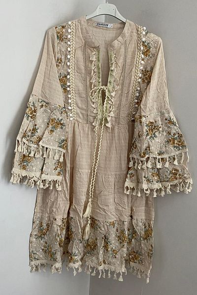 AYASOFYA OTANTIK Women's Italian Beige Ethnic Judge Collar and Sleeves Tassel Detailed Long Sleeve Lined Short Dress
