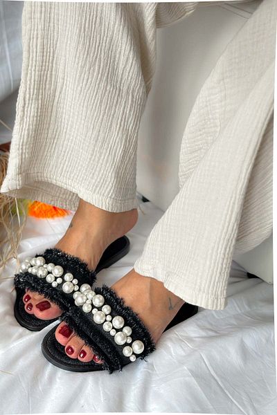 Shoebutik Mila Black Denim Pearl Detail Women's Slippers