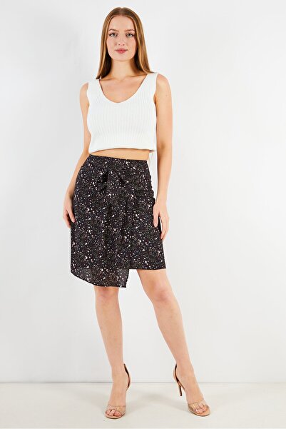 ONE STEP Women Allover Print Tie Waist Mini Skirt, Black Combo