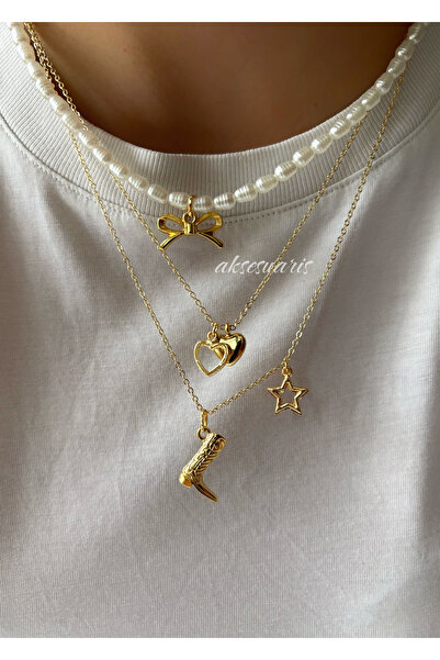 aksesuaris 3'lü İnci Kurdele Charm Gold Kolye Set