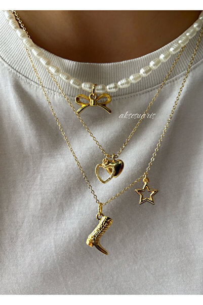 aksesuaris 3'lü İnci Kurdele Charm Gold Kolye Set