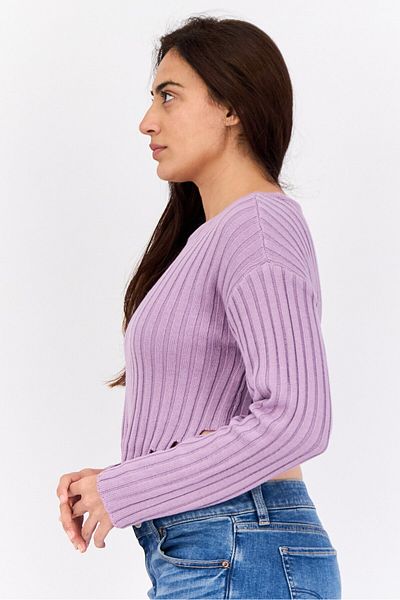 No Comment Women Boat Neck Ribbed Sweater, Lavender